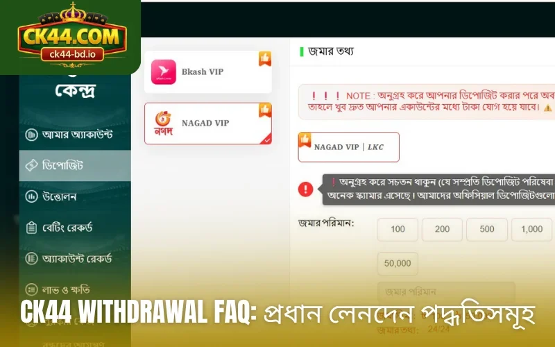 CK44 withdrawal FAQ: প্রধান লেনদেন পদ্ধতিসমূহ